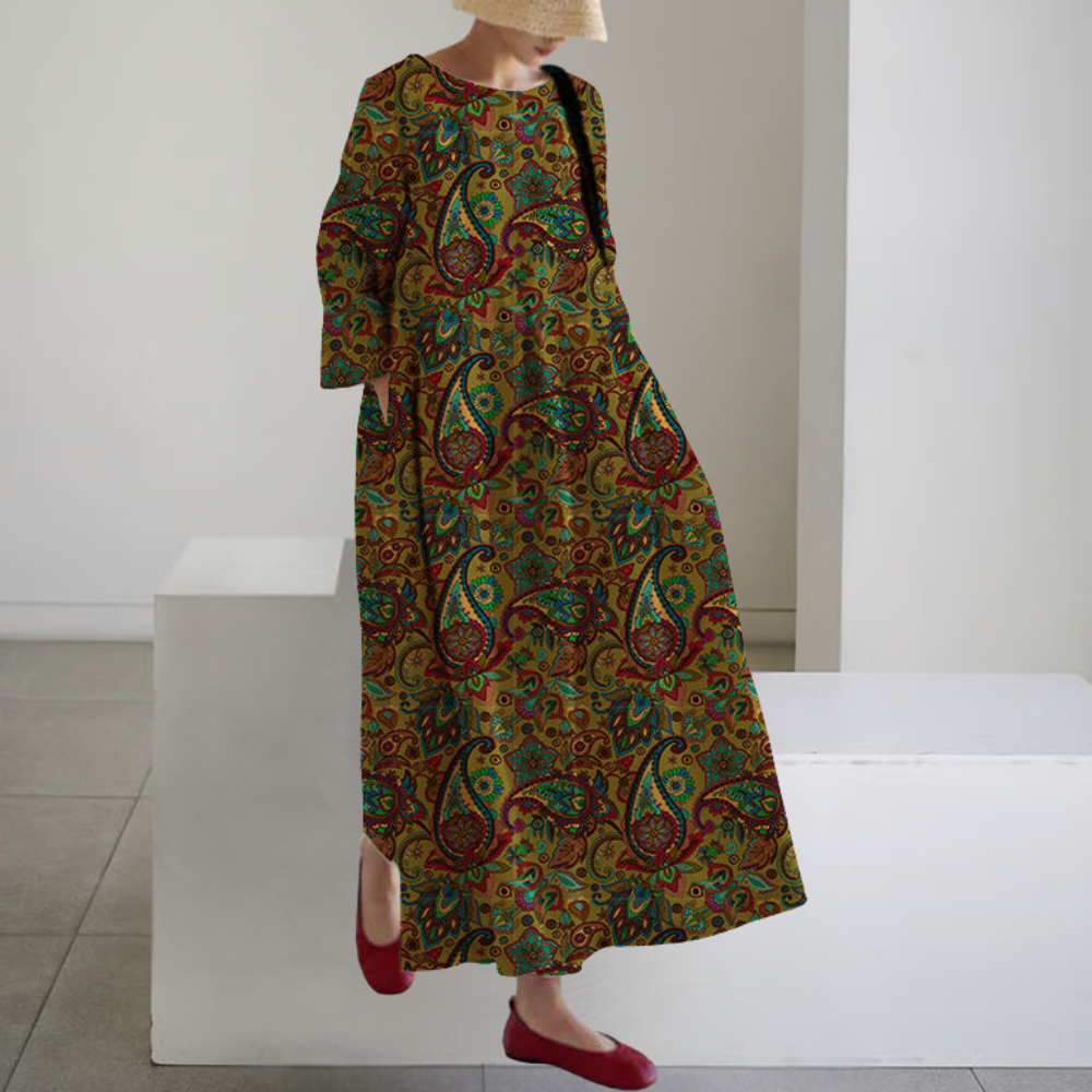 Baumwollkleid Damen mit Taschen – Patchwork-Kleid für den Frühling