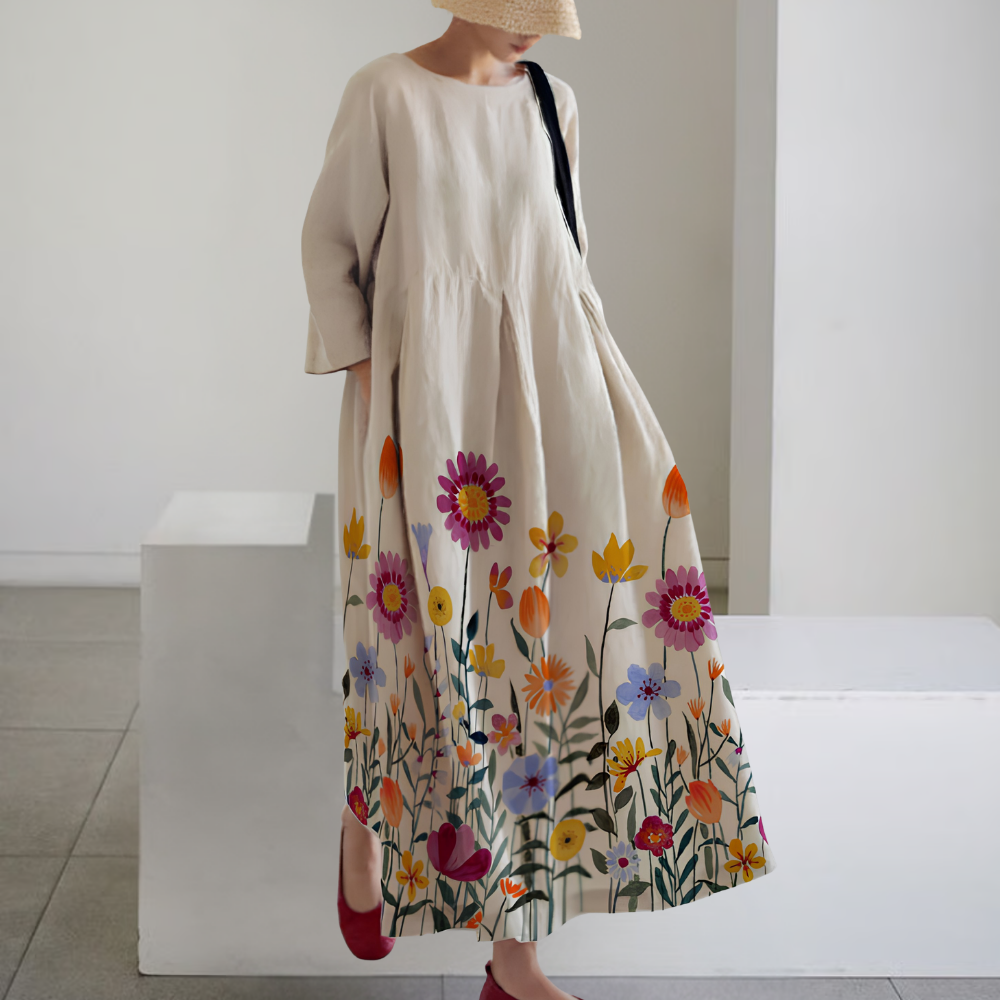 Baumwollkleid Damen mit Taschen – Patchwork-Kleid für den Frühling