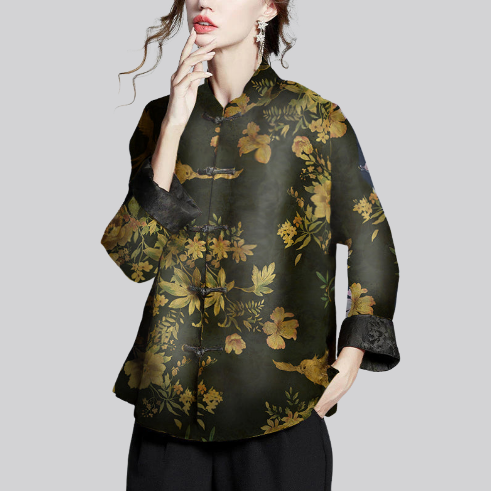 Mantel Damen mit Stehkragen – bedruckter langärmliger Mantel im China-Stil