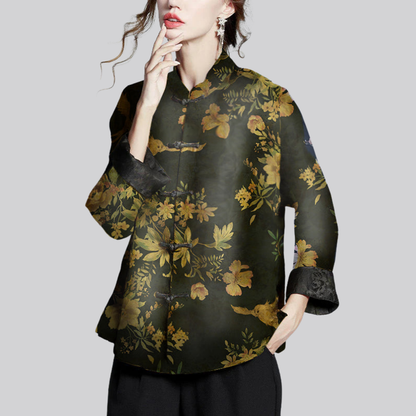 Mantel Damen mit Stehkragen – bedruckter langärmliger Mantel im China-Stil