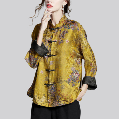 Mantel Damen mit Stehkragen – bedruckter langärmliger Mantel im China-Stil