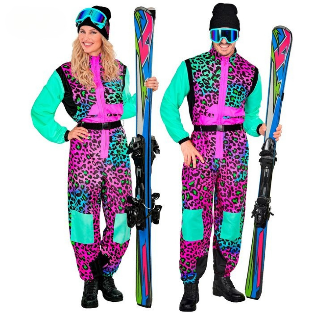 Damen Skianzug einteilig Leopard – bunter Retro-Overall in Türkis