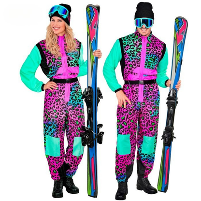 Damen Skianzug einteilig Leopard – bunter Retro-Overall in Türkis