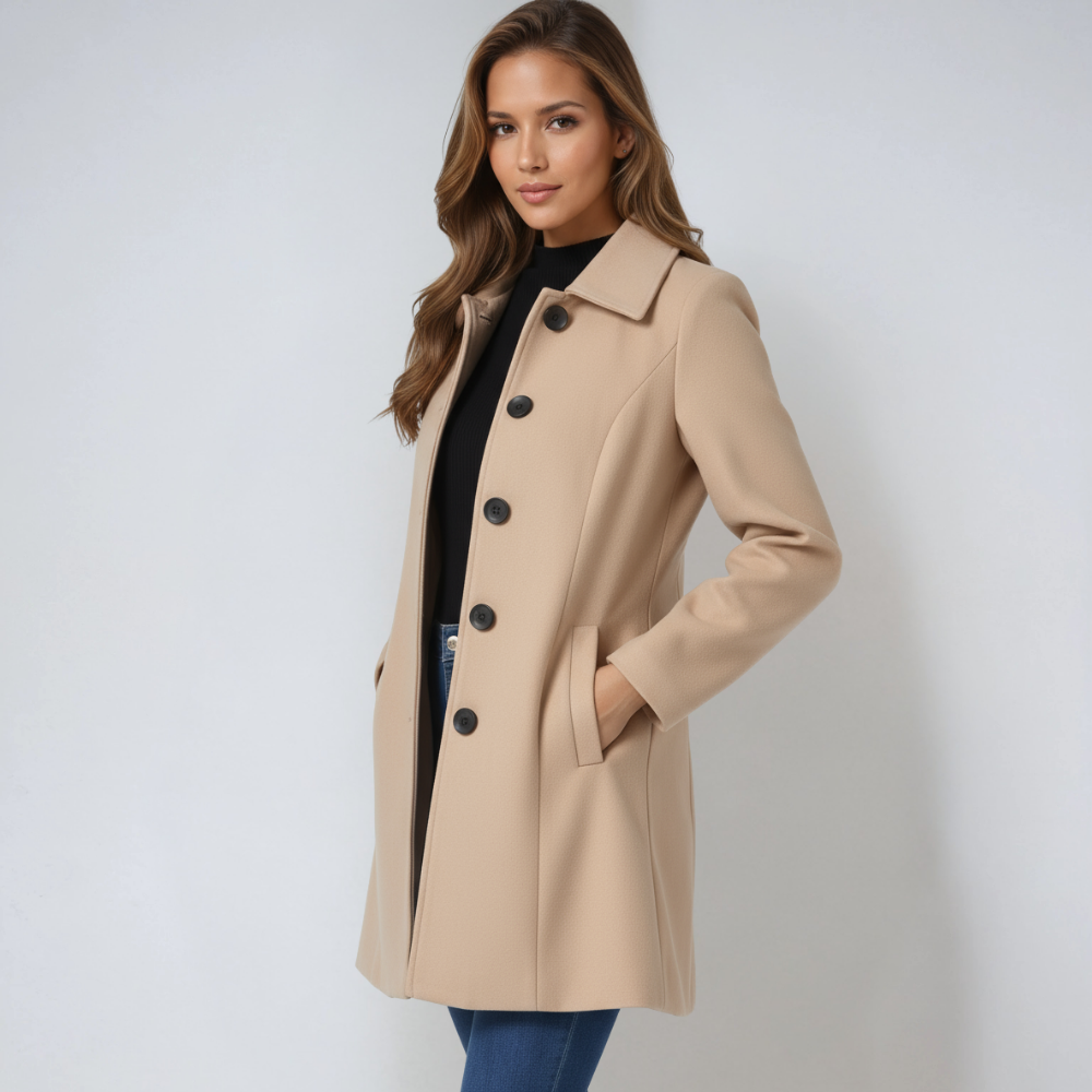 Einreihiger Winter-Trenchcoat Damen aus Wolle – Taillierter Wollmantel, elegant für Herbst und Winter