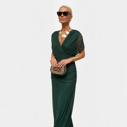 Maxikleid Damen mit V-Ausschnitt – fließendes Sommerkleid mit Raffung