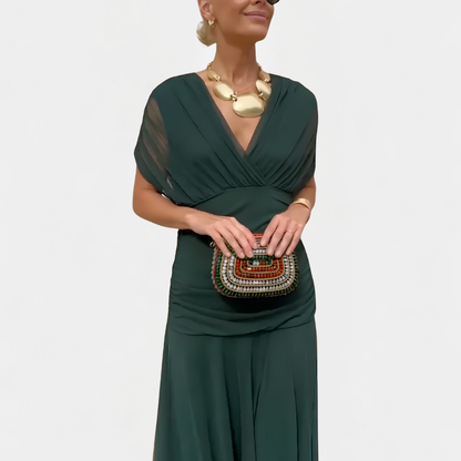 Maxikleid Damen mit V-Ausschnitt – fließendes Sommerkleid mit Raffung