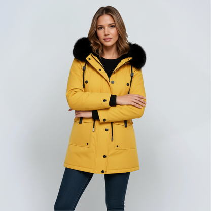 Winterparka Damen mit Kunstfellkapuze – Winterjacke aus Leinen mit Gürtel, figurbetont