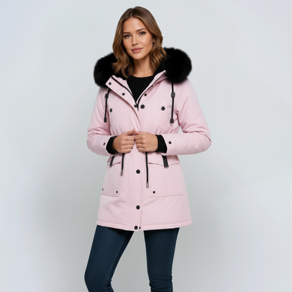Winterparka Damen mit Kunstfellkapuze – Winterjacke aus Leinen mit Gürtel, figurbetont