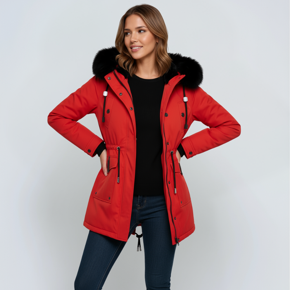 Winterparka Damen mit Kunstfellkapuze – Winterjacke aus Leinen mit Gürtel, figurbetont