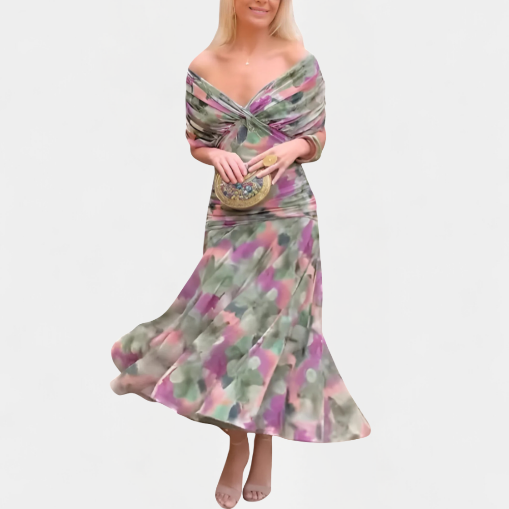 Maxikleid Damen mit V-Ausschnitt – fließendes Sommerkleid mit Raffung