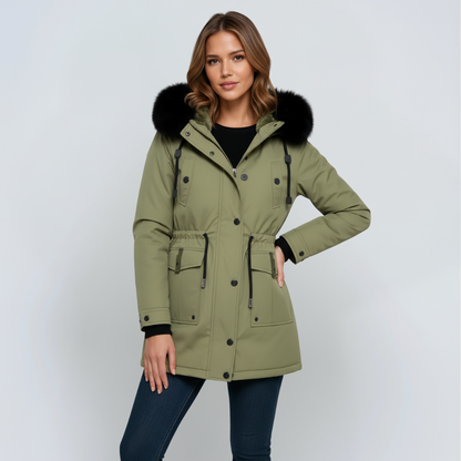 Winterparka Damen mit Kunstfellkapuze – Winterjacke aus Leinen mit Gürtel, figurbetont