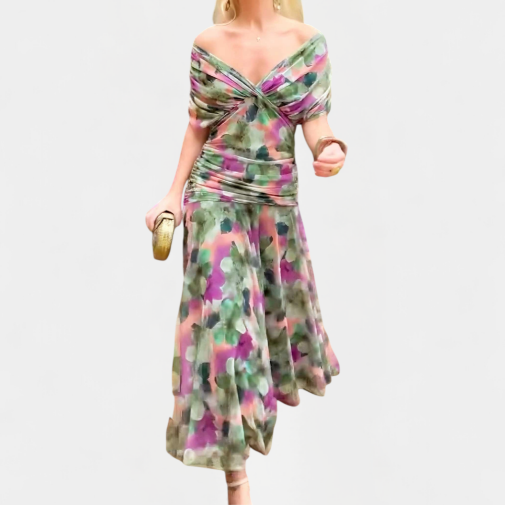 Maxikleid Damen mit V-Ausschnitt – fließendes Sommerkleid mit Raffung