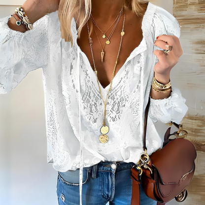 Boho-Leinenbluse Damen – Spitzenbluse mit V-Ausschnitt, feminin und luftig