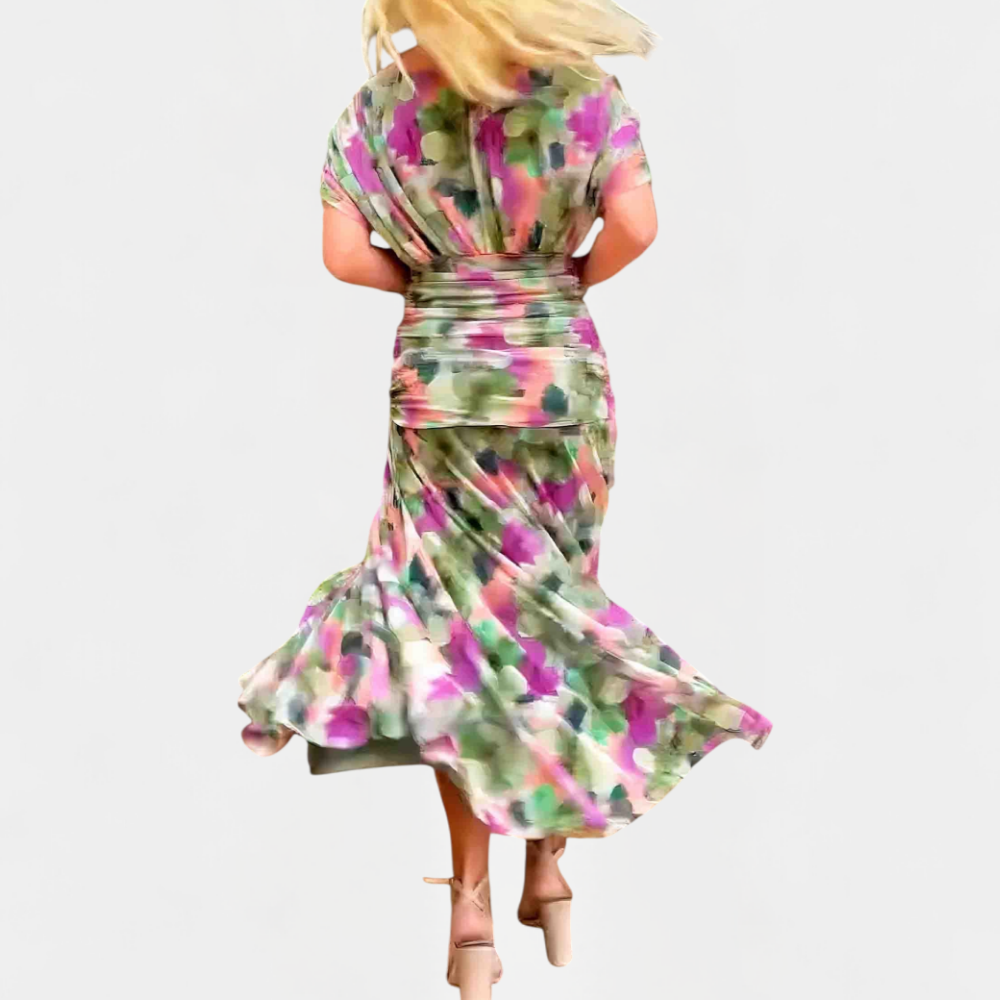Maxikleid Damen mit V-Ausschnitt – fließendes Sommerkleid mit Raffung