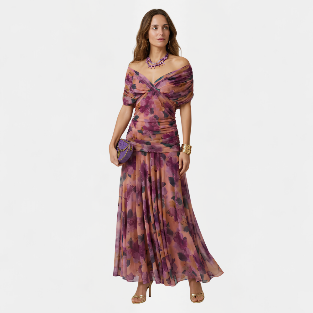 Maxikleid Damen mit V-Ausschnitt – fließendes Sommerkleid mit Raffung