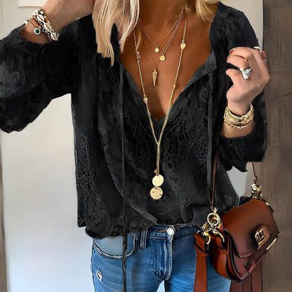 Boho-Leinenbluse Damen – Spitzenbluse mit V-Ausschnitt, feminin und luftig