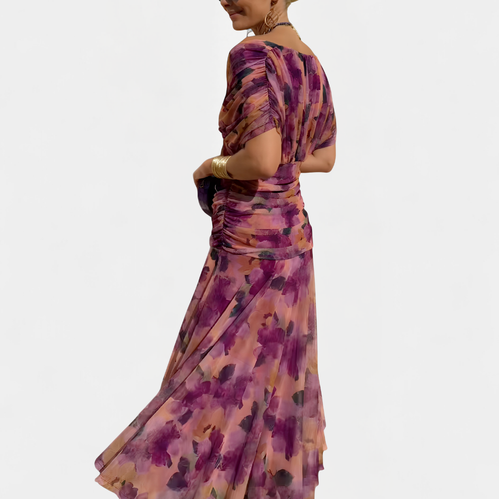 Maxikleid Damen mit V-Ausschnitt – fließendes Sommerkleid mit Raffung