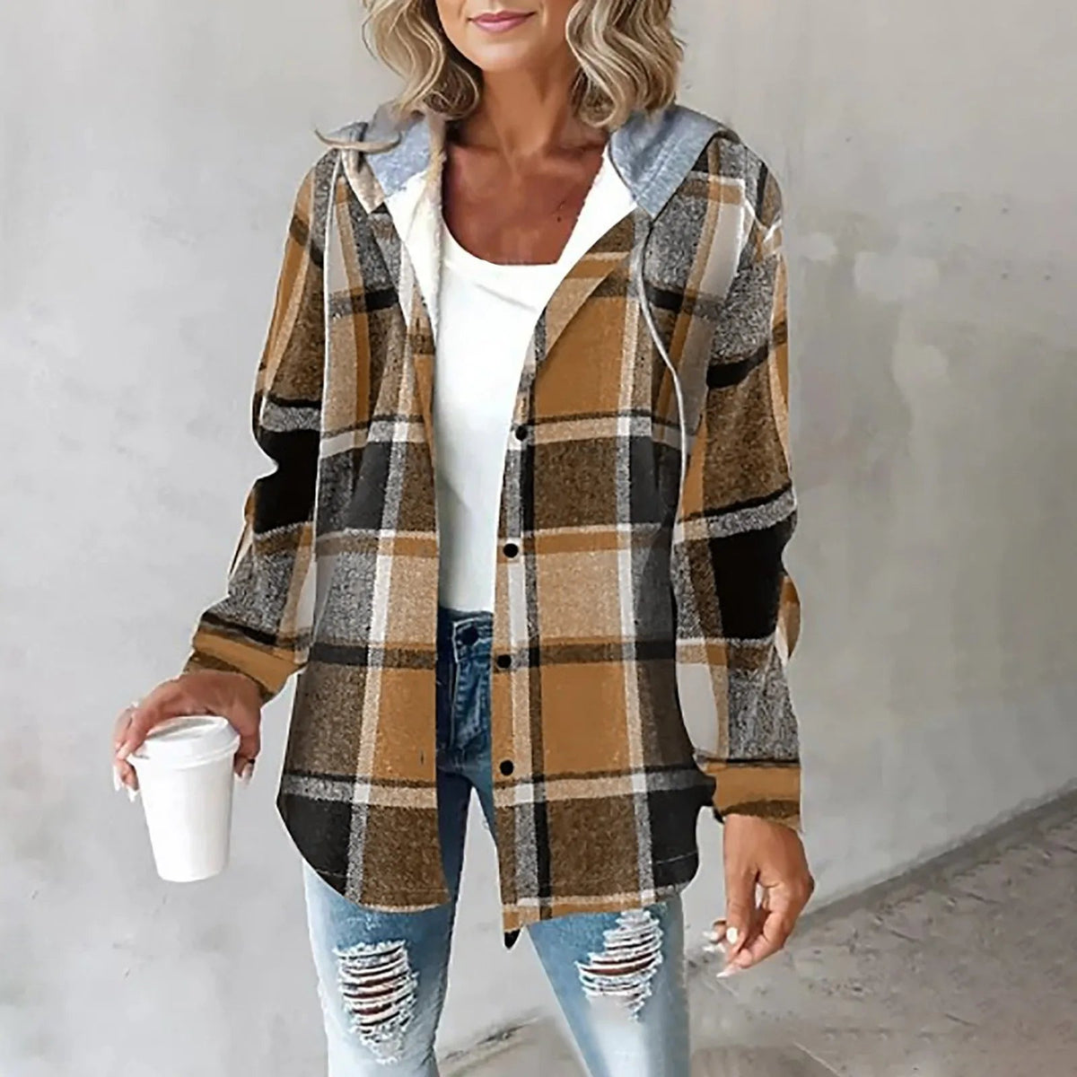 Damen Hemdjacke kariert mit Kapuze – Overshirt Freizeitjacke