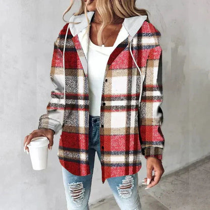 Damen Hemdjacke kariert mit Kapuze Overshirt