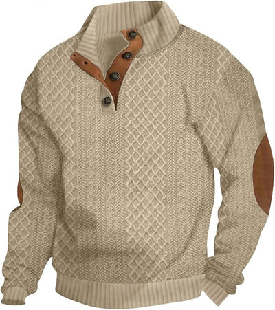 Rustikaler - Strickpullover mit Zopfmuster, Knopfleiste und stilvollen Ellenbogen-Patches