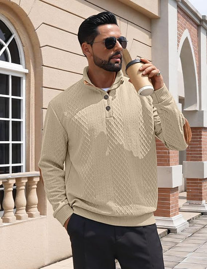 Rustikaler - Strickpullover mit Zopfmuster, Knopfleiste und stilvollen Ellenbogen-Patches