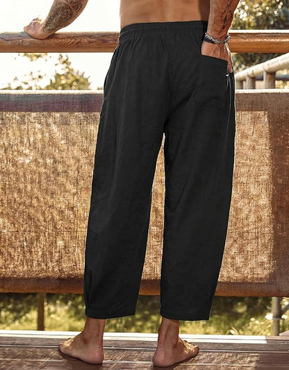 Lässige schwarze Herren-Leinenhose mit weitem Bein und verstellbarem elastischem Kordelzug-Bund