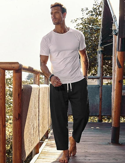 Lässige schwarze Herren-Leinenhose mit weitem Bein und verstellbarem elastischem Kordelzug-Bund