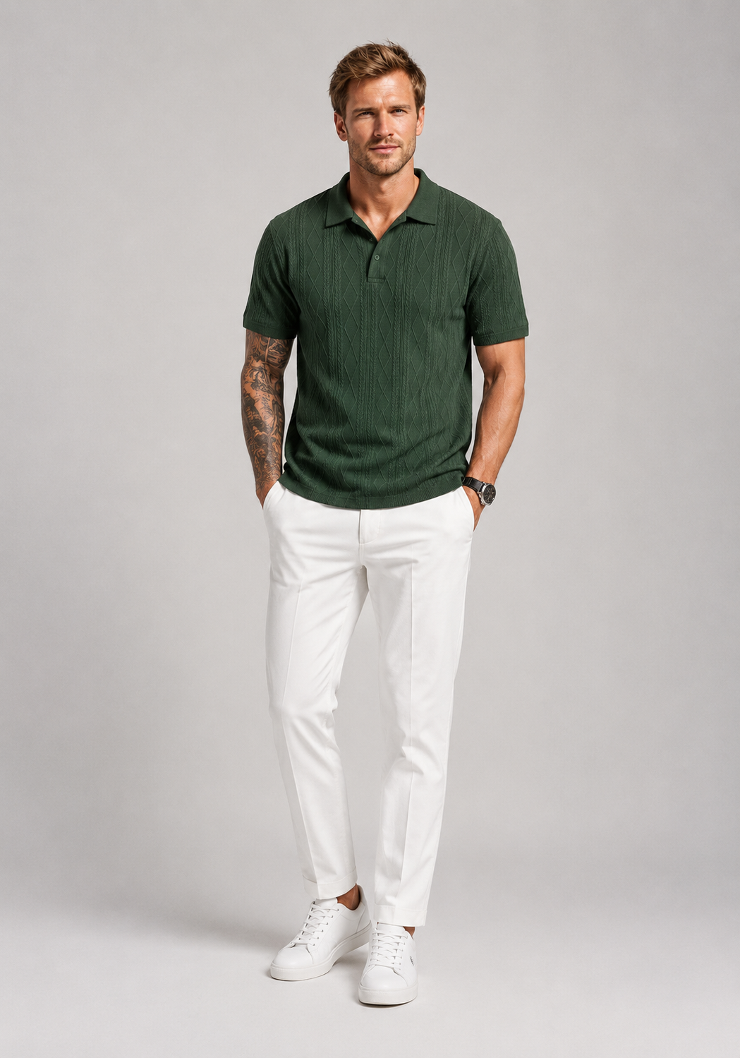 Stilvolles dunkelgrünes Herren-Strickpoloshirt mit exklusivem Rautenmuster und klassischem Kragen