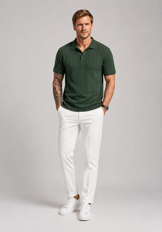 Stilvolles dunkelgrünes Herren-Strickpoloshirt mit exklusivem Rautenmuster und klassischem Kragen