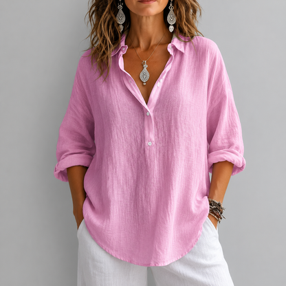 Leinenbluse Damen – Locker sitzende Bluse mit Knopfleiste und weiten Ärmeln