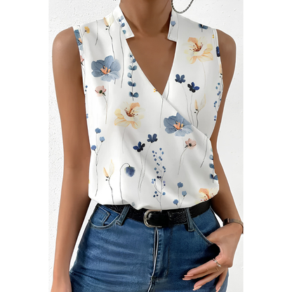 Ärmellose Leinenbluse Damen mit V-Ausschnitt – Bluse mit Blumenmuster, leicht und feminin