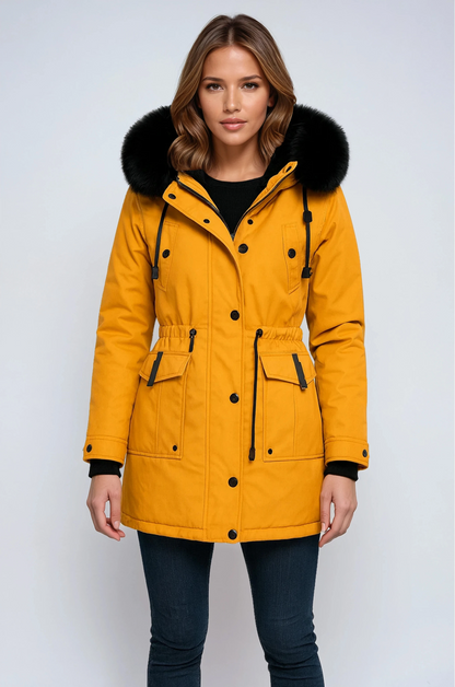 Damen Winter-Parka aus Polyester mit Kunstpelz-Kapuze in Gelb – Winterjacke, Vorderansicht