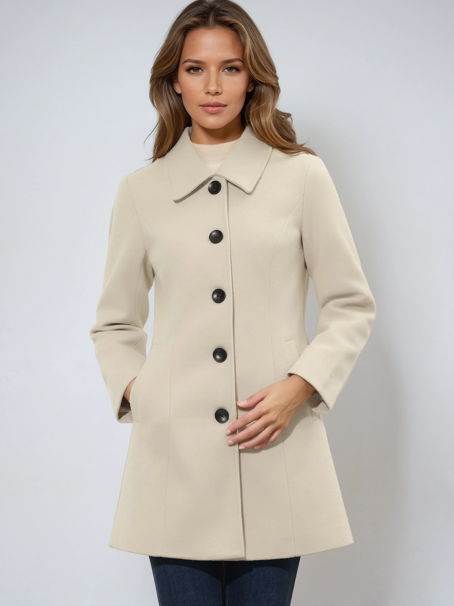 Einreihiger Winter-Trenchcoat Damen aus Wolle – taillierter Wollmantel