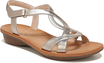 Elegante metallische Sandalen mit gekreuzten Riemen und bequemem flachem Absatz