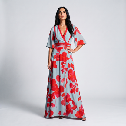 Maxikleid Damen mit Mohnblumen-Print