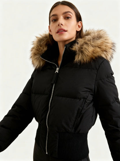 Gesteppte Winterjacke Damen mit Kapuze und Kunstfellbesatz