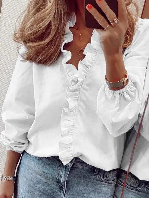 Damen Bluse mit V-Ausschnitt und Rüschen – Casual Bluse