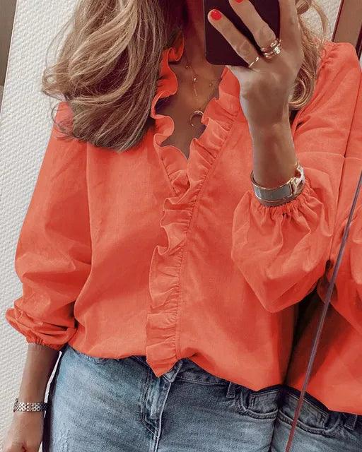 Damen Bluse mit V-Ausschnitt und Rüschen – Casual Bluse