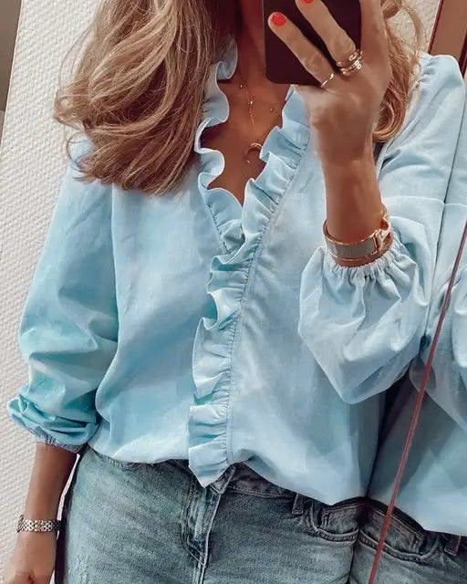 Damen Bluse mit V-Ausschnitt und Rüschen Casual Bluse