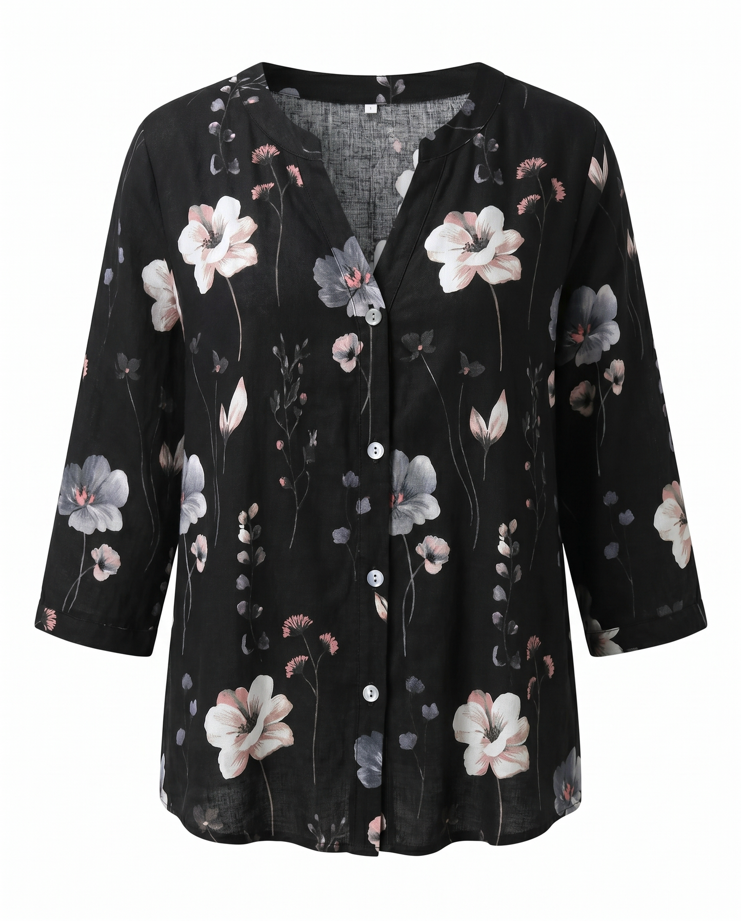 Blumenbluse mit V-Ausschnitt – luftige Bluse mit 3/4-Arm aus Leinenmischung