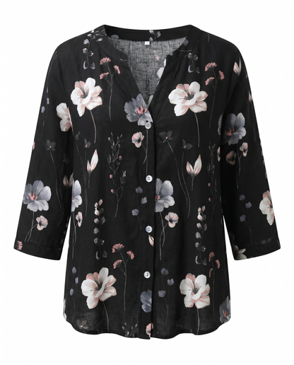 Blumenbluse mit V-Ausschnitt – luftige Bluse mit 3/4-Arm aus Leinenmischung