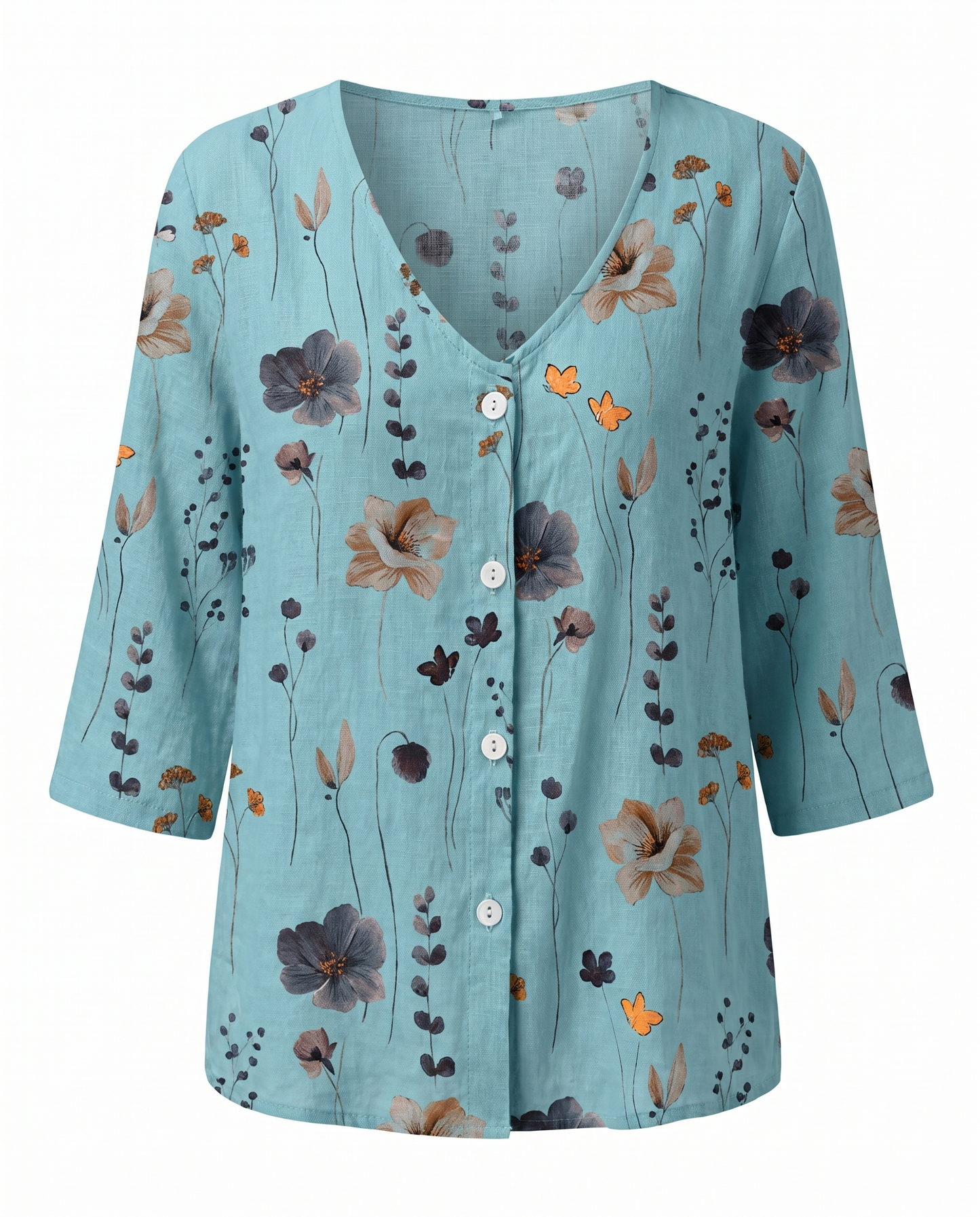 Blumenbluse mit V-Ausschnitt – luftige Bluse mit 3/4-Arm aus Leinenmischung