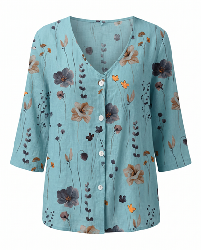 Blumenbluse mit V-Ausschnitt – luftige Bluse mit 3/4-Arm aus Leinenmischung