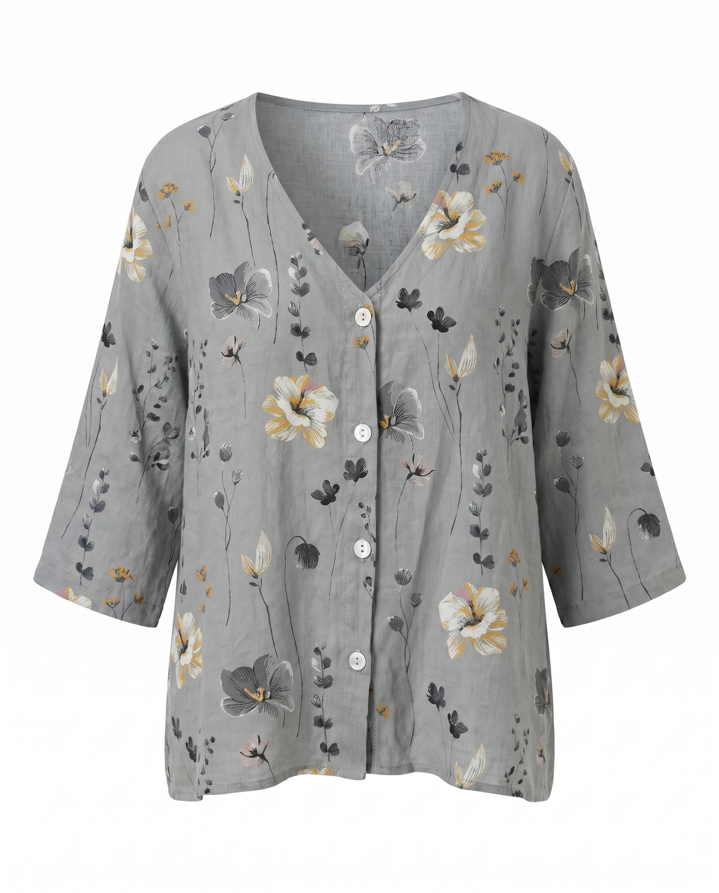 Blumenbluse mit V-Ausschnitt – luftige Bluse mit 3/4-Arm aus Leinenmischung