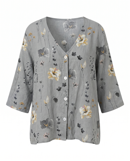 Blumenbluse mit V-Ausschnitt – luftige Bluse mit 3/4-Arm aus Leinenmischung