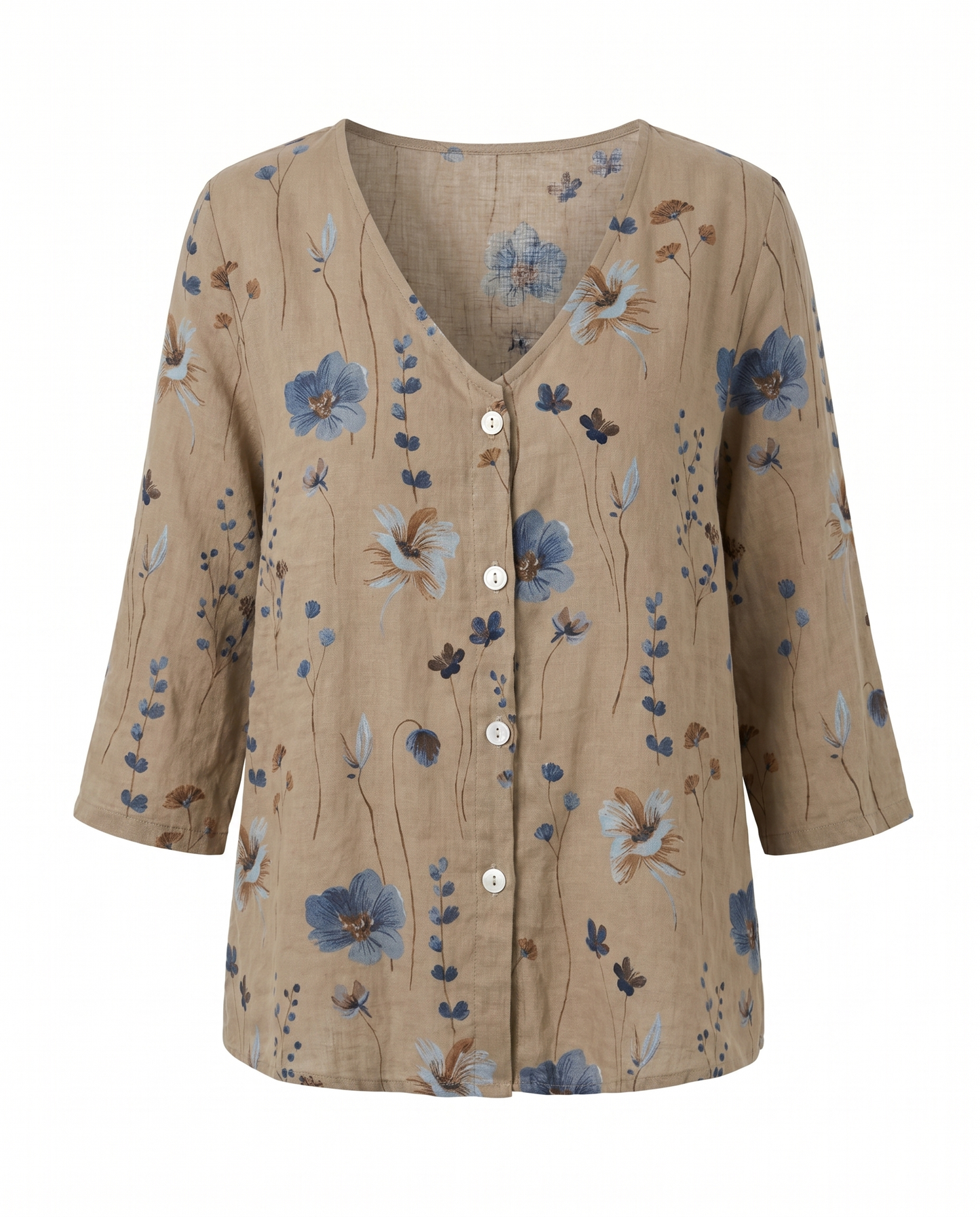 Blumenbluse mit V-Ausschnitt – luftige Bluse mit 3/4-Arm aus Leinenmischung