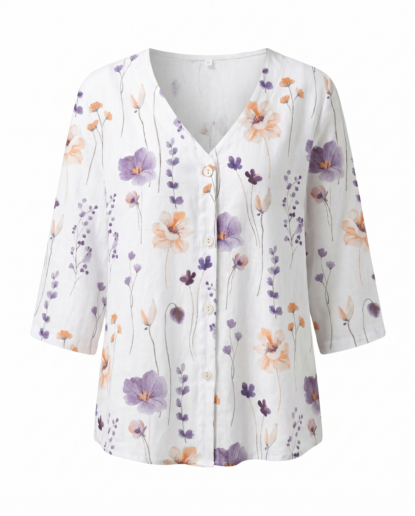 Blumenbluse mit V-Ausschnitt – luftige Bluse mit 3/4-Arm aus Leinenmischung
