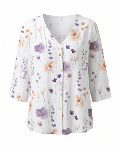 Blumenbluse mit V-Ausschnitt – luftige Bluse mit 3/4-Arm aus Leinenmischung