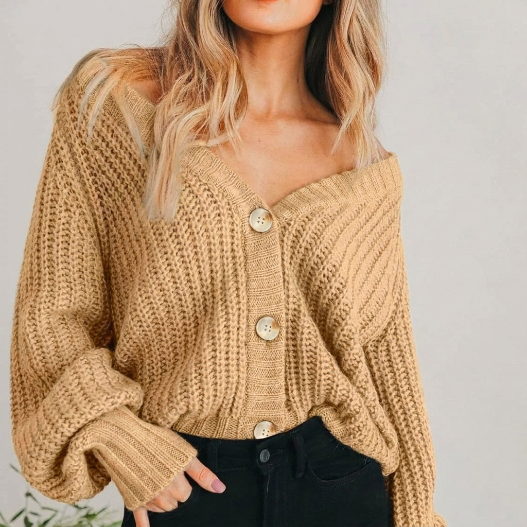 Damen Grobstrick-Cardigan oversized – Strickjacke mit V-Ausschnitt