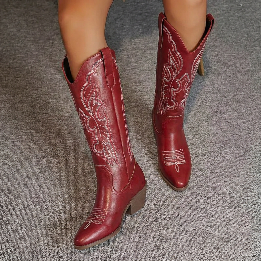 Damen Cowboystiefel mit Stickerei – Stiefel mit Blockabsatz